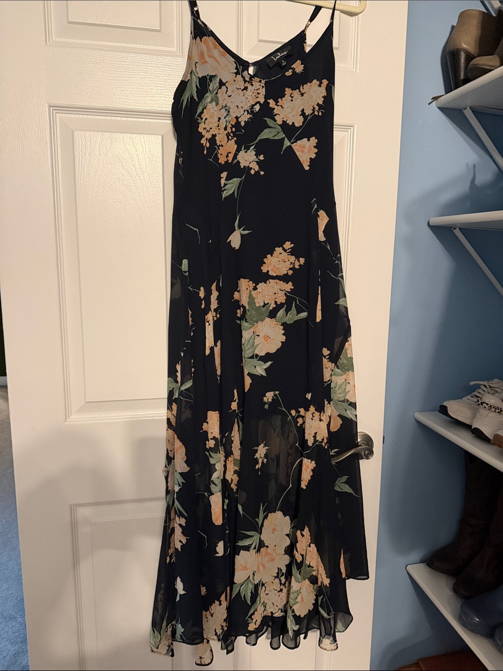 Lulu's Black Maxi Slip Dress with Peach Floral Print - Picture 4 of 4